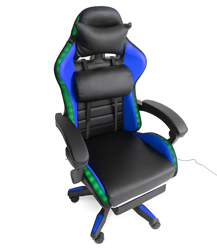 Геймерське крісло з RGB підсвіткою, подушками та висувною підставкою для ніг, Чорний/Синій (G897) (G897) - изображение 4