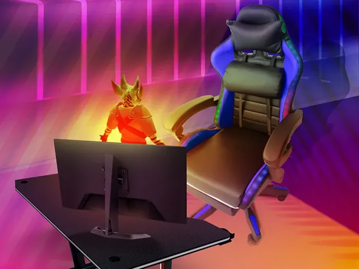 Геймерське крісло з RGB підсвіткою, подушками та висувною підставкою для ніг, Чорний/Синій (G897) (G897) - изображение 10