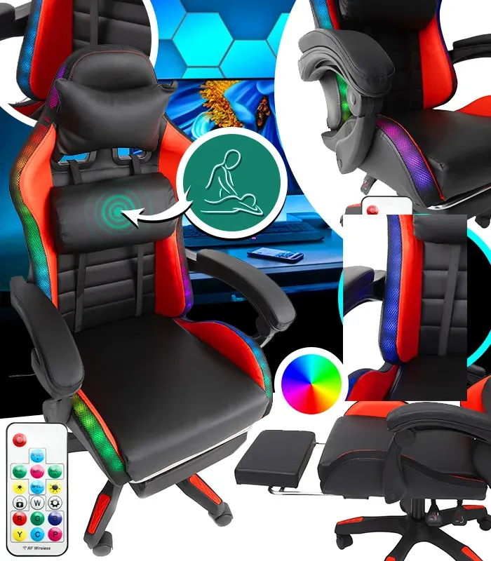 Геймерське крісло з RGB підсвіткою, подушками та висувною підставкою для ніг, Чорний/Червоний (G896) (G896) - зображення 1