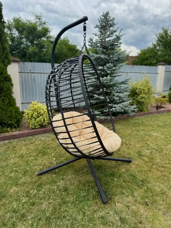 Підвісне садове крісло гойдалка (кокон / гніздо) SAN VITO з м'якою бежевою подушкою, Чорний (G2000) - изображение 3