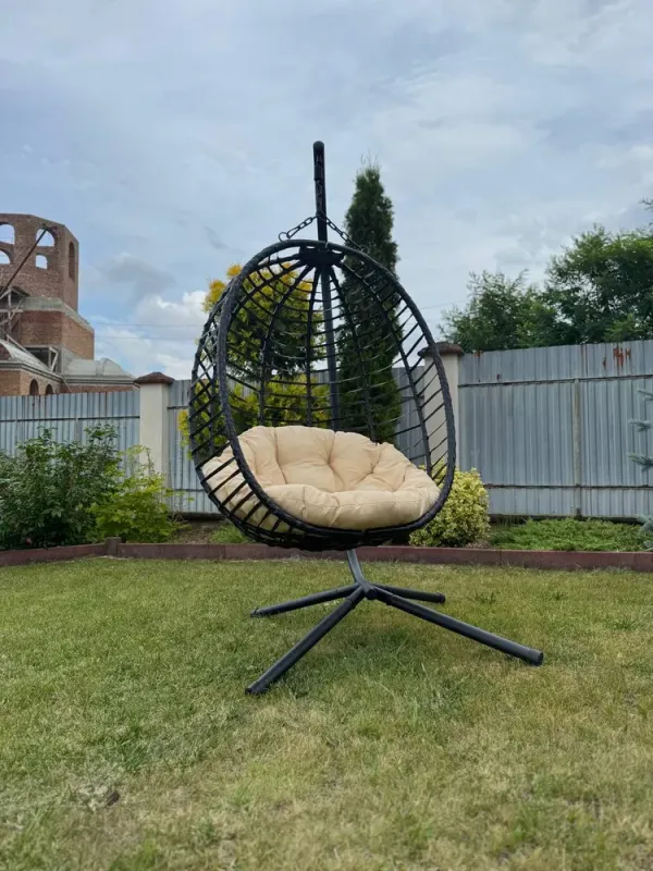 Підвісне садове крісло гойдалка (кокон / гніздо) SAN VITO з м'якою бежевою подушкою, Чорний (G2000) - изображение 8