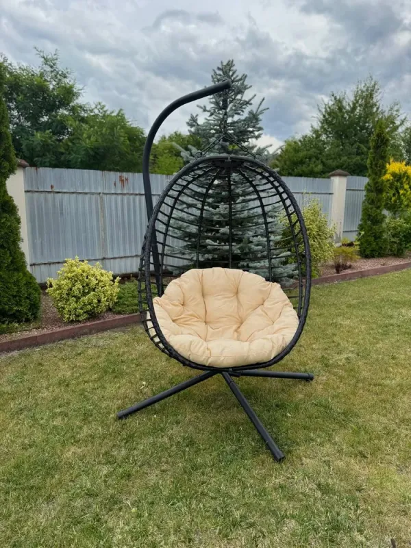 Підвісне садове крісло гойдалка (кокон / гніздо) SAN VITO з м'якою бежевою подушкою, Чорний (G2000) - изображение 5