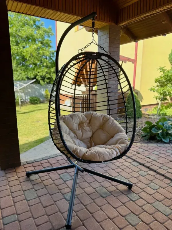 Підвісне садове крісло гойдалка (кокон / гніздо) SAN VITO з м'якою бежевою подушкою, Чорний (G2000) - изображение 2