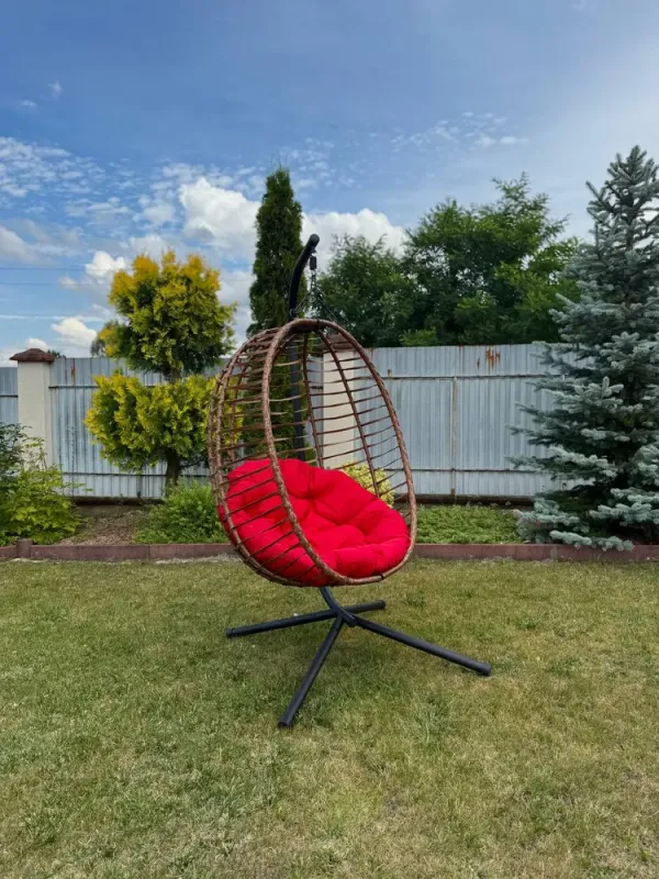 Підвісне садове крісло гойдалка (кокон / гніздо) SAN VITO з м'якою червоною подушкою, Коричневий (G2001) - изображение 6