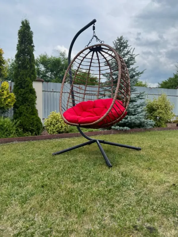 Підвісне садове крісло гойдалка (кокон / гніздо) SAN VITO з м'якою червоною подушкою, Коричневий (G2001) - изображение 7
