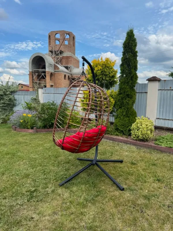 Підвісне садове крісло гойдалка (кокон / гніздо) SAN VITO з м'якою червоною подушкою, Коричневий (G2001) - изображение 8
