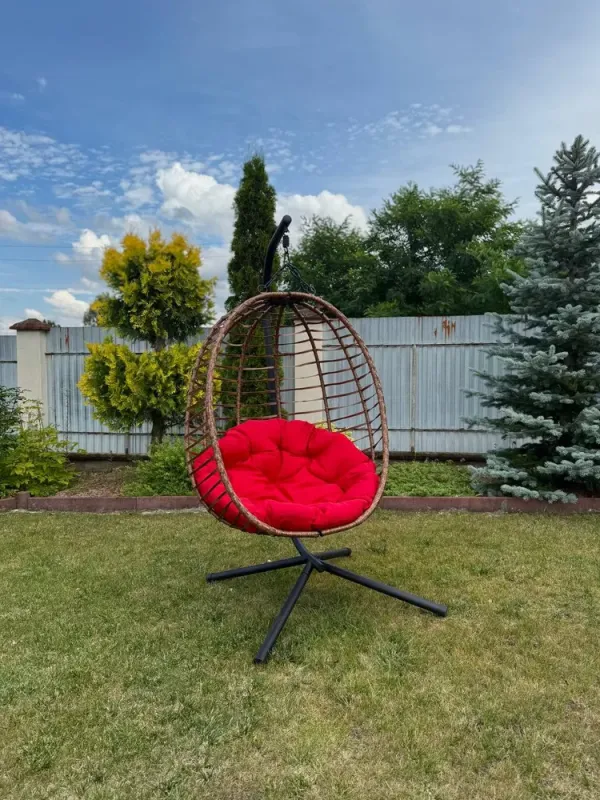 Підвісне садове крісло гойдалка (кокон / гніздо) SAN VITO з м'якою червоною подушкою, Коричневий (G2001) - изображение 2