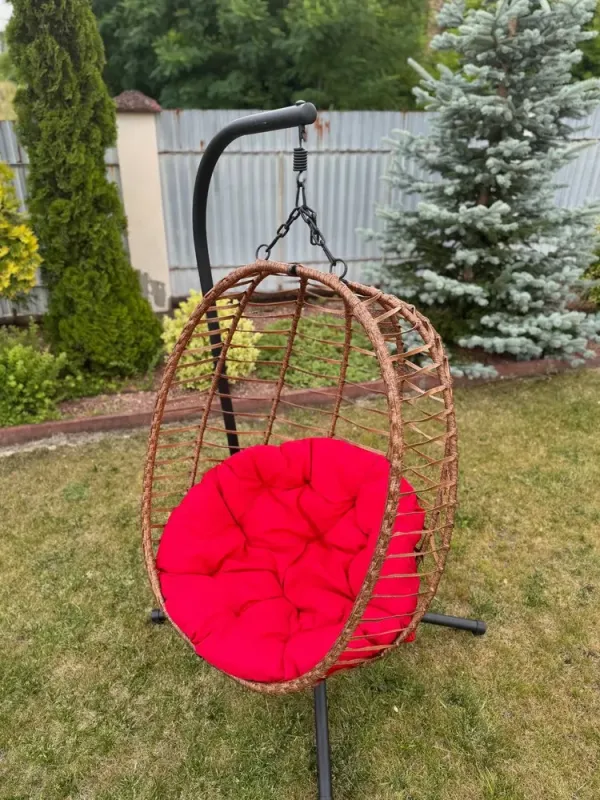 Підвісне садове крісло гойдалка (кокон / гніздо) SAN VITO з м'якою червоною подушкою, Коричневий (G2001) - изображение 10