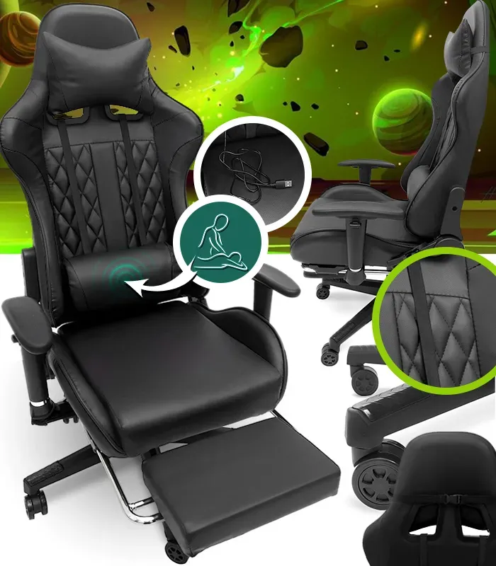 Геймерське комп'ютерне крісло з масажером, ергономічними подушками та підставкою для ніг, Чорний (G901) (G901 ) - изображение 1