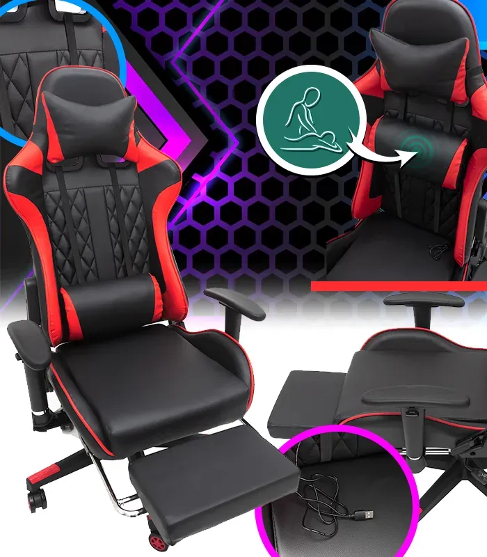 Геймерське комп'ютерне крісло з масажером, ергономічними подушками та підставкою для ніг, Чорний/Червоний (G899) (G899) - изображение 1
