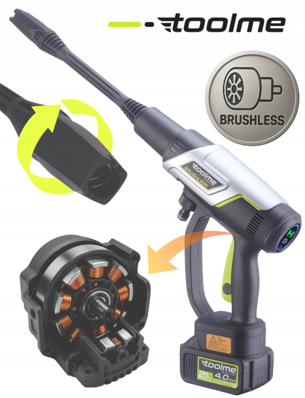 Акумуляторна мийка високого тиску Toolme TM280 PRO BRUSHLESS 450 Вт з алюмінієвою помпою, 2 АКБ 21В, піногенератор (Польща) (TM280) - изображение 2