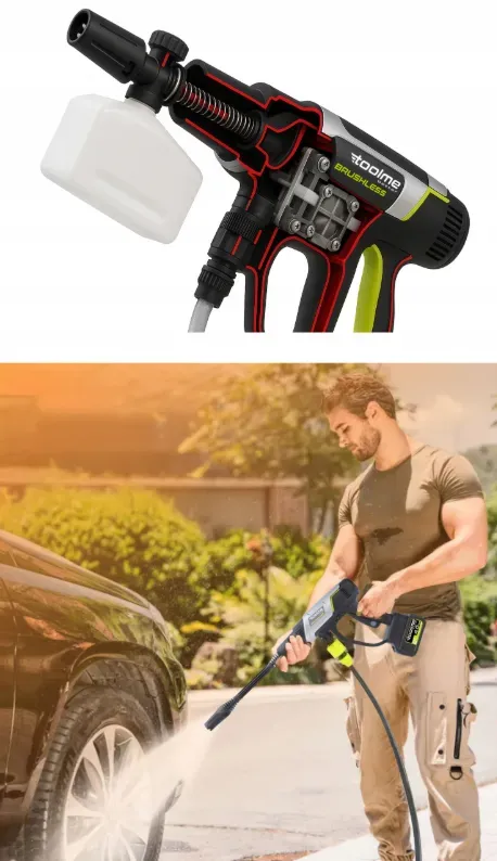 Акумуляторна мийка високого тиску Toolme TM280 PRO BRUSHLESS 450 Вт з алюмінієвою помпою, 2 АКБ 21В, піногенератор (Польща) (TM280) - зображення 5