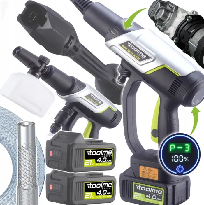 Акумуляторна мийка високого тиску Toolme TM280 PRO BRUSHLESS 450 Вт з алюмінієвою помпою, 2 АКБ 21В, піногенератор (Польща) (TM280) - зображення 1