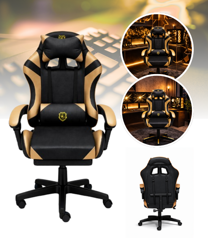 Геймерське крісло Primaveo з ергономічними подушками та висувною підставкою для ніг, Чорний/Золотий (G1110) - изображение 1