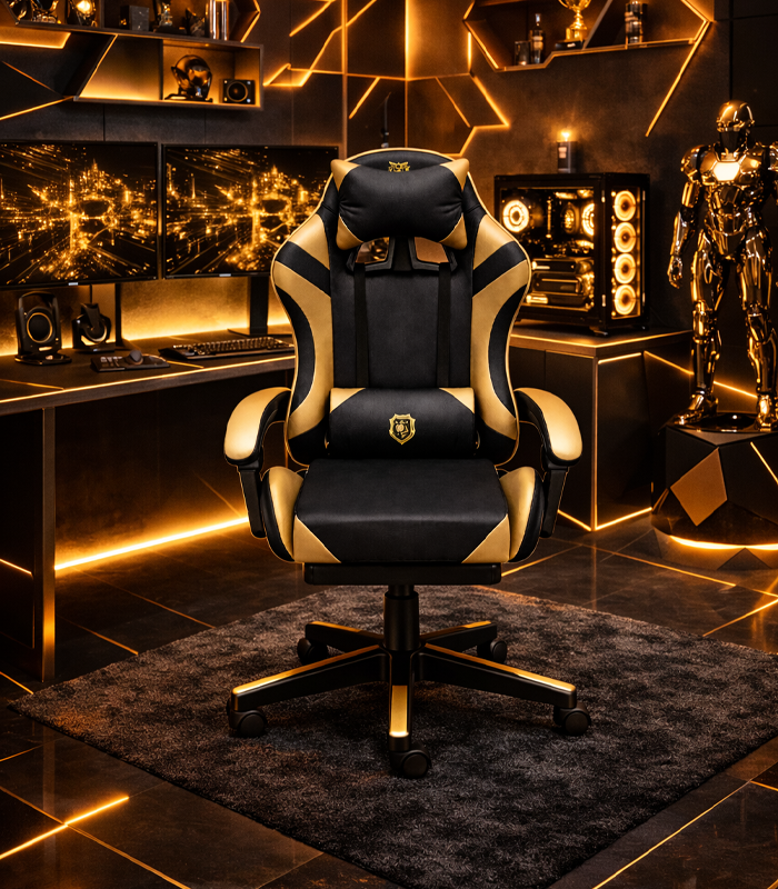 Геймерське крісло Primaveo з ергономічними подушками та висувною підставкою для ніг, Чорний/Золотий (G1110) - изображение 6