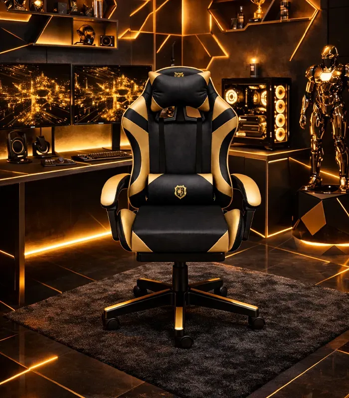 Геймерське крісло Primaveo з ергономічними подушками та висувною підставкою для ніг, Чорний/Золотий (G1110) - зображення 6
