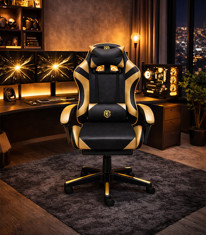 Геймерське крісло Primaveo з ергономічними подушками та висувною підставкою для ніг, Чорний/Золотий (G1110) - изображение 5