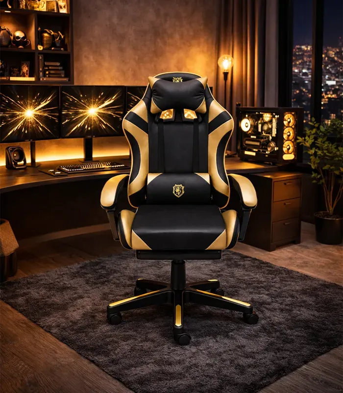 Геймерське крісло Primaveo з ергономічними подушками та висувною підставкою для ніг, Чорний/Золотий (G1110) - зображення 5
