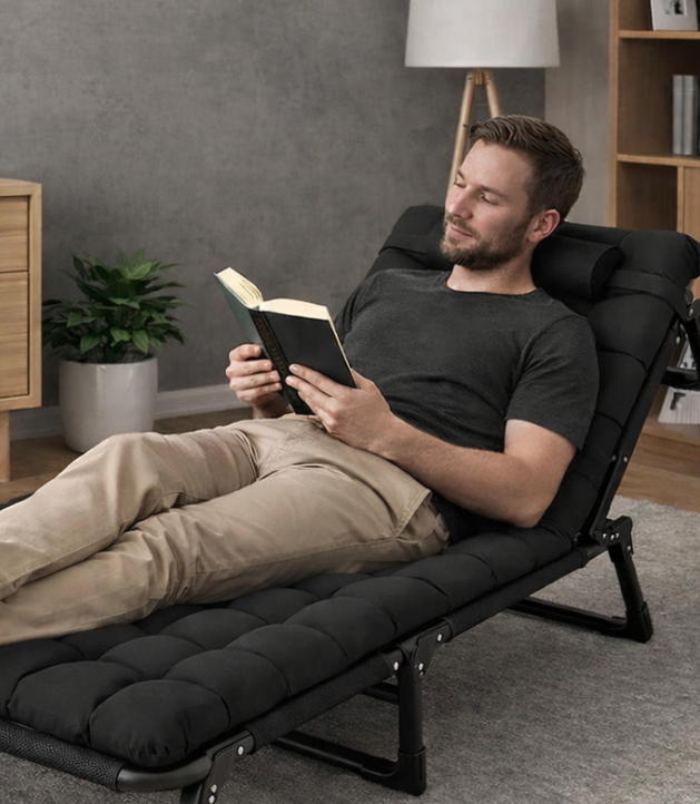 Складний туристичний лежак з матрацом та підголівником (178 × 56 × 30 см), регульований садовий шезлонг (Чорний) (G1281) - изображение 6