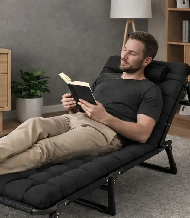 Складний туристичний лежак з матрацом та підголівником (178 × 56 × 30 см), регульований садовий шезлонг (Чорний) (G1281) - зображення 6