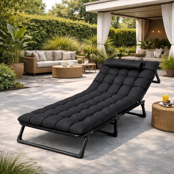 Складний туристичний лежак з матрацом та підголівником (178 × 56 × 30 см), регульований садовий шезлонг (Чорний) (G1281) - изображение 9