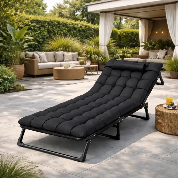 Складний туристичний лежак з матрацом та підголівником (178 × 56 × 30 см), регульований садовий шезлонг (Чорний) (G1281) - зображення 9