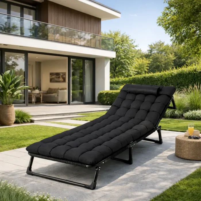 Складний туристичний лежак з матрацом та підголівником (178 × 56 × 30 см), регульований садовий шезлонг (Чорний) (G1281) - зображення 7