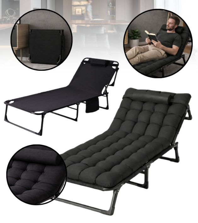 Складний туристичний лежак з матрацом та підголівником (178 × 56 × 30 см), регульований садовий шезлонг (Чорний) (G1281) - изображение 1