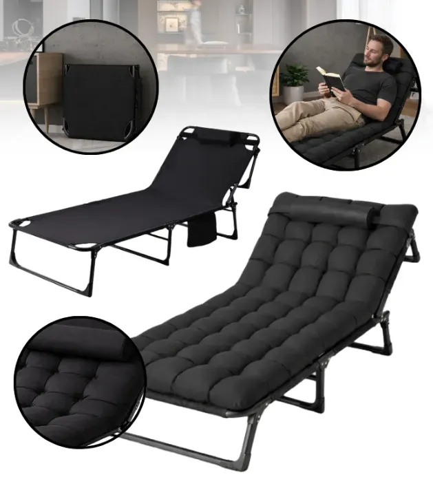 Складний туристичний лежак з матрацом та підголівником (178 × 56 × 30 см), регульований садовий шезлонг (Чорний) (G1281) - зображення 1