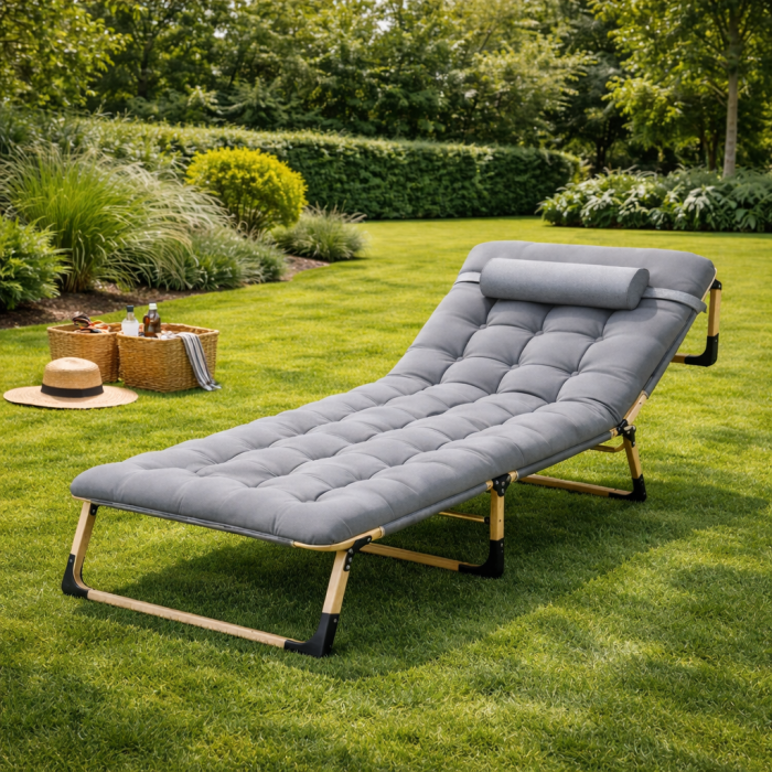 Складний туристичний лежак з матрацом та підголівником (178 × 56 × 30 см), регульований садовий шезлонг (Сірий) (G1280) - изображение 7