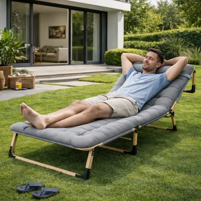 Складний туристичний лежак з матрацом та підголівником (178 × 56 × 30 см), регульований садовий шезлонг (Сірий) (G1280) - зображення 8