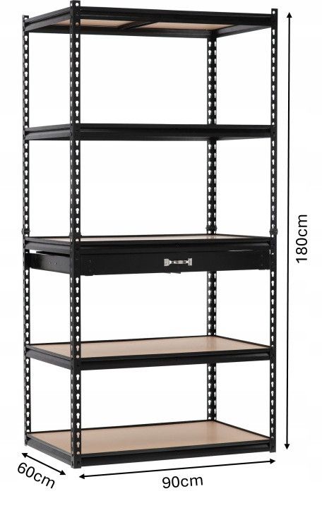 Стелаж металевий з шухлядою (180 × 90 × 60 см) 5 регульованих полиць, навантаження на полицю - 175 кг, Чорний (GWI2127) - изображение 4