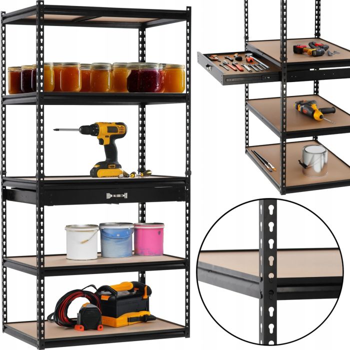 Стелаж металевий з шухлядою (180 × 90 × 60 см) 5 регульованих полиць, навантаження на полицю - 175 кг, Чорний (GWI2127) - зображення 1