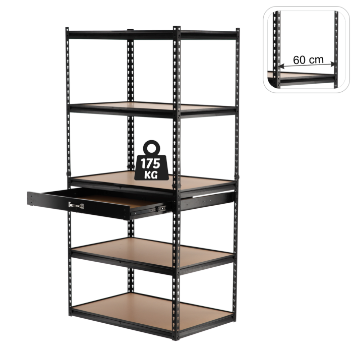 Стелаж металевий з шухлядою (180 × 90 × 60 см) 5 регульованих полиць, навантаження на полицю - 175 кг, Чорний (GWI2127) - изображение 2