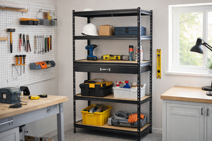 Стелаж металевий з шухлядою (180 × 90 × 60 см) 5 регульованих полиць, навантаження на полицю - 175 кг, Чорний (GWI2127) - изображение 5