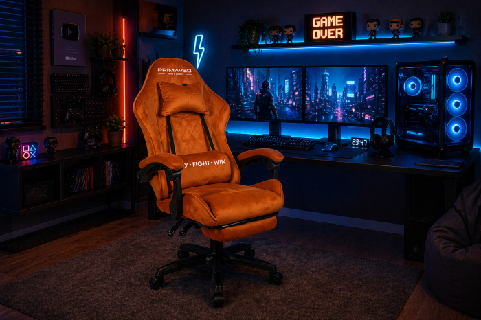 Геймерське крісло Primaveo замшеве з ергономічними подушками та підніжкою (Помаранчеве) (G1176) - изображение 9