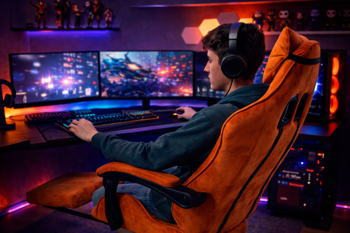 Геймерське крісло Primaveo замшеве з ергономічними подушками та підніжкою (Помаранчеве) (G1176) - изображение 10