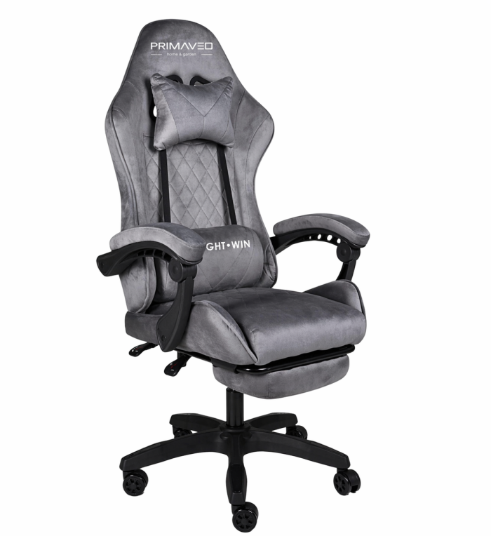 Геймерське крісло Primaveo замшеве з ергономічними подушками та підніжкою (Сіре) (G1175) - зображення 1