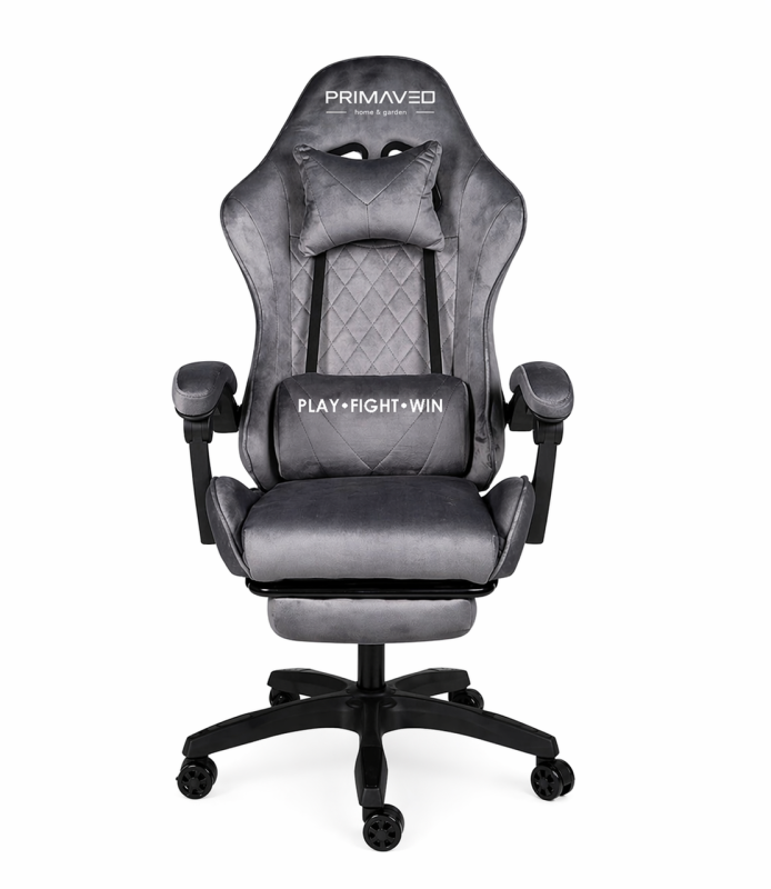 Геймерське крісло Primaveo замшеве з ергономічними подушками та підніжкою (Сіре) (G1175) - зображення 2