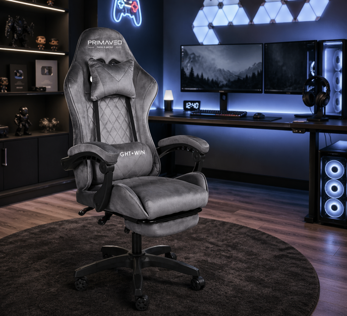 Геймерське крісло Primaveo замшеве з ергономічними подушками та підніжкою (Сіре) (G1175) - зображення 8