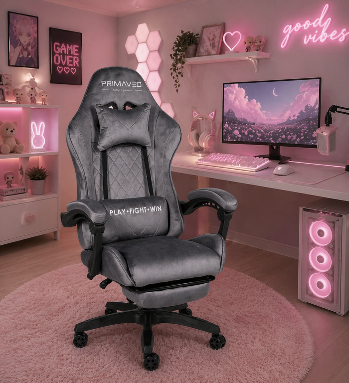 Геймерське крісло Primaveo замшеве з ергономічними подушками та підніжкою (Сіре) (G1175) - зображення 9
