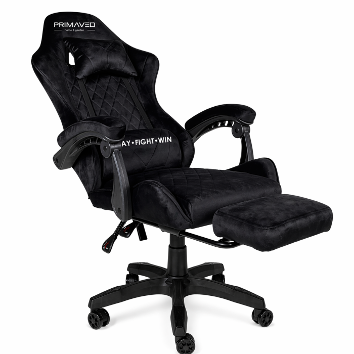 Геймерське крісло Primaveo замшеве з ергономічними подушками та підніжкою (Чорне) (G1174) - изображение 4