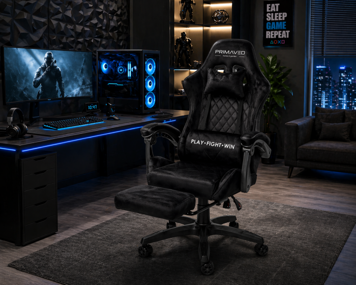 Геймерське крісло Primaveo замшеве з ергономічними подушками та підніжкою (Чорне) (G1174) - изображение 8