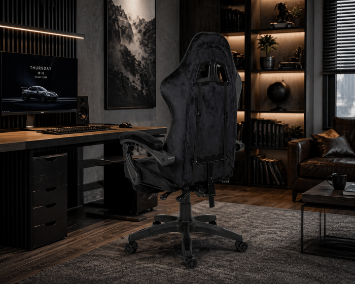 Геймерське крісло Primaveo замшеве з ергономічними подушками та підніжкою (Чорне) (G1174) - изображение 9