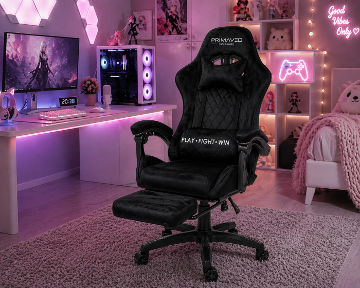 Геймерське крісло Primaveo замшеве з ергономічними подушками та підніжкою (Чорне) (G1174) - изображение 10