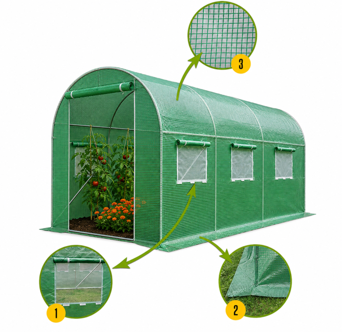 Теплиця садова Primaveo 7 м² (3,5 × 2 × 2 м) 6 вікон, армована плівка UV-4, оцинкований каркас 19 мм (Зелена) (G1349) - изображение 7
