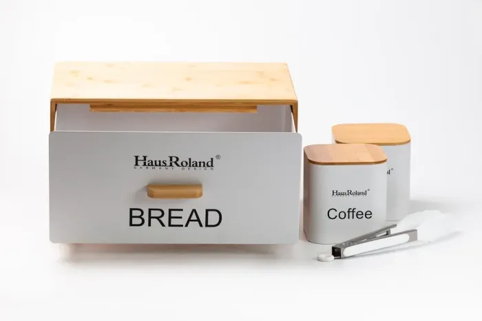 Бамбуковая хлебница с баночками для хранения сыпучих продуктов 2 шт. по 1 литру + щипцы кухонные набор белый (HP33534) - изображение 3