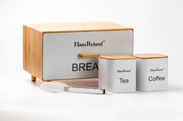 Бамбуковая хлебница с баночками для хранения сыпучих продуктов 2 шт. по 1 литру + щипцы кухонные набор белый (HP33534) - изображение 4