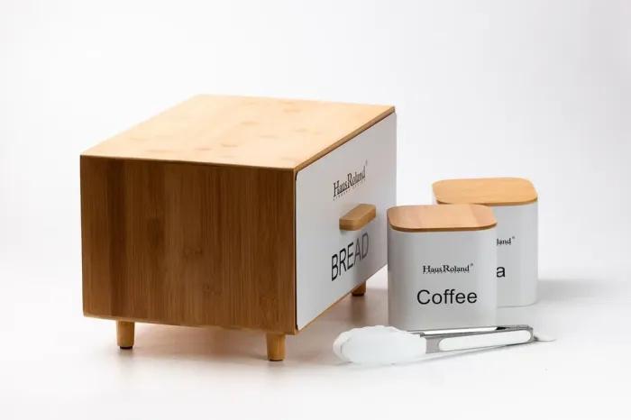 Бамбуковая хлебница с баночками для хранения сыпучих продуктов 2 шт. по 1 литру + щипцы кухонные набор белый (HP33534) - изображение 5