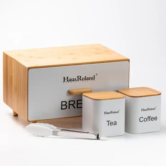 Бамбуковая хлебница с баночками для хранения сыпучих продуктов 2 шт. по 1 литру + щипцы кухонные набор белый (HP33534) - изображение 6